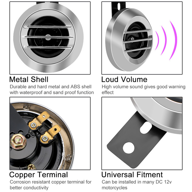 Kerek hangos kürt hangszórók jel motorkerékpárhoz 12V kürt 1,5A 105db motorkerékpár elektromos kürt készlet robogóhoz Moped Dirt Bike ATV