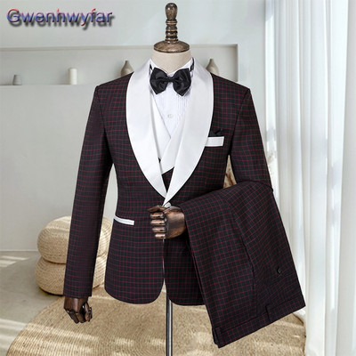 Gwenhwyfar fehér kendős hajtókás kockás férfi öltöny esküvőre Egyedi készítés, egysoros vőfély Mariage szmoking férfi dzseki nadrág