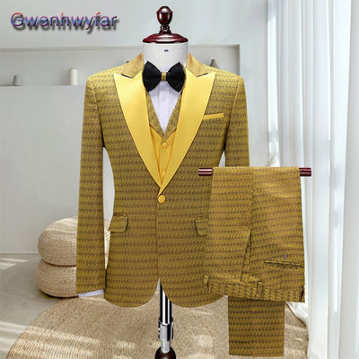 Gwenhwyfar kék férfi öltöny esküvői vacsorára, csúcsos hajtóka, egysoros vőfélyek szmokingok, egyedi Homme blézer mellény nadrág