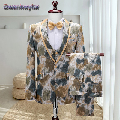 Gwenhwyfar kék férfi öltöny esküvői vacsorára, csúcsos hajtóka, egysoros vőfélyek szmokingok, egyedi Homme blézer mellény nadrág