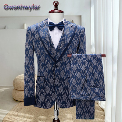 Gwenhwyfar kék férfi öltöny esküvői vacsorára, csúcsos hajtóka, egysoros vőfélyek szmokingok, egyedi Homme blézer mellény nadrág