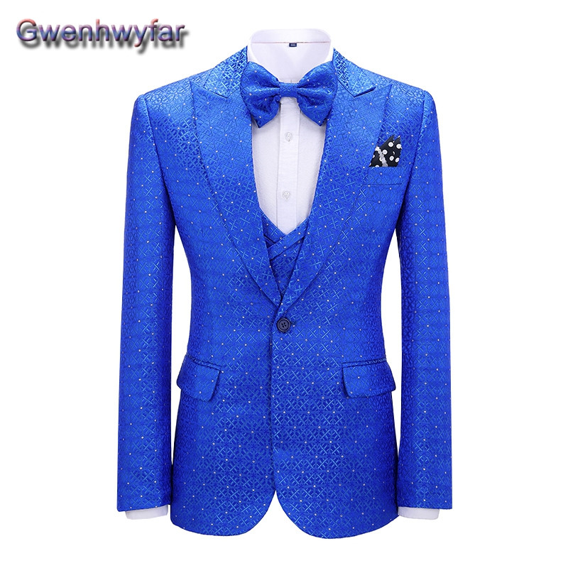 Gwenhwyfar kék férfi öltöny esküvői vacsorára, csúcsos hajtóka, egysoros vőfélyek szmokingok, egyedi Homme blézer mellény nadrág