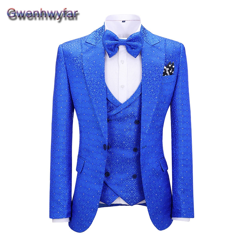 Gwenhwyfar kék férfi öltöny esküvői vacsorára, csúcsos hajtóka, egysoros vőfélyek szmokingok, egyedi Homme blézer mellény nadrág