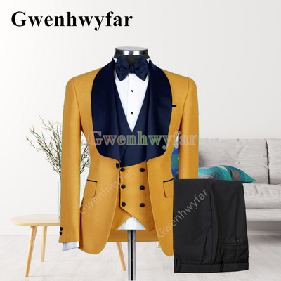 Gwenhwyfar New Style férfi sárga öltöny kabát kendőgallér Slim Fit háromrészes szmoking vőlegény öltöny egyedi báli parti kabát