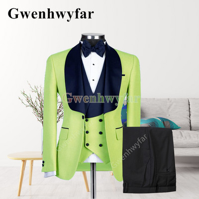 Gwenhwyfar New Style férfi sárga öltöny kabát kendőgallér Slim Fit háromrészes szmoking vőlegény öltöny egyedi báli parti kabát