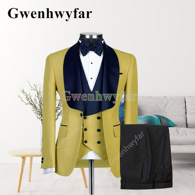 Gwenhwyfar New Style férfi sárga öltöny kabát kendőgallér Slim Fit háromrészes szmoking vőlegény öltöny egyedi báli parti kabát