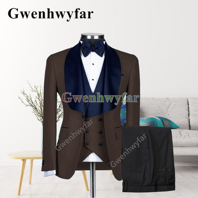 Gwenhwyfar New Style férfi sárga öltöny kabát kendőgallér Slim Fit háromrészes szmoking vőlegény öltöny egyedi báli parti kabát