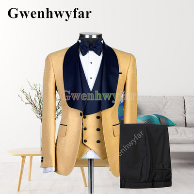 Gwenhwyfar New Style férfi sárga öltöny kabát kendőgallér Slim Fit háromrészes szmoking vőlegény öltöny egyedi báli parti kabát