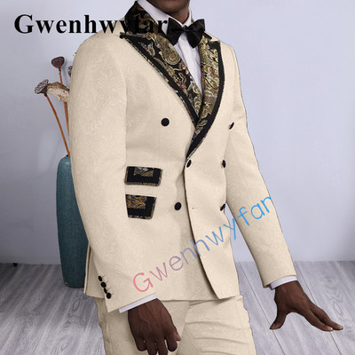 Gwenhwyfar Costume Homme férfi esküvői öltöny, bézs nyomatú, fekete pont, hajtókaparti vőfélyruha, kétrészes blézer nadrággal