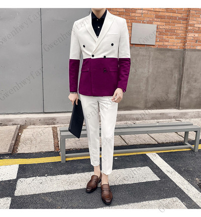 Gwenhwyfar 2020 party öltönyök férfi férfi karcsú szabású öltönyök nadrág szalagavató babakék öltöny Homme dupla szellőző öltöny kontraszt