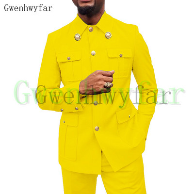 Gwenhwyfar Army Green Safari Férfi öltönyök Testre szabott blézerek Nadrágok Normál üzleti kauzális buli Énekes vőlegény esküvői bál