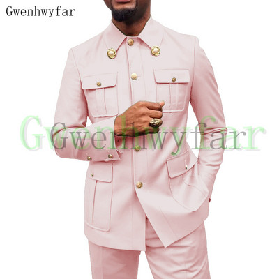 Gwenhwyfar Army Green Safari Férfi öltönyök Testre szabott blézerek Nadrágok Normál üzleti kauzális buli Énekes vőlegény esküvői bál