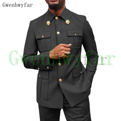 Gwenhwyfar Army Green Safari Férfi öltönyök Testre szabott blézerek Nadrágok Normál üzleti kauzális buli Énekes vőlegény esküvői bál
