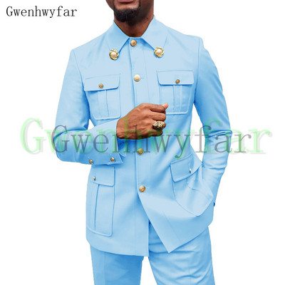 Gwenhwyfar Army Green Safari Férfi öltönyök Testre szabott blézerek Nadrágok Normál üzleti kauzális buli Énekes vőlegény esküvői bál