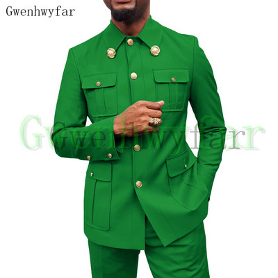 Gwenhwyfar Army Green Safari Férfi öltönyök Testre szabott blézerek Nadrágok Normál üzleti kauzális buli Énekes vőlegény esküvői bál