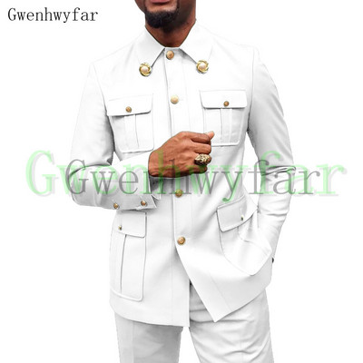 Gwenhwyfar Army Green Safari Férfi öltönyök Testre szabott blézerek Nadrágok Normál üzleti kauzális buli Énekes vőlegény esküvői bál