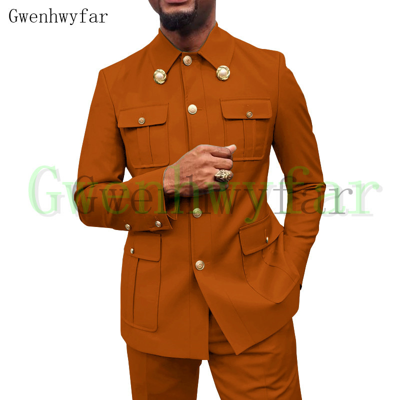 Gwenhwyfar Army Green Safari Férfi öltönyök Testre szabott blézerek Nadrágok Normál üzleti kauzális buli Énekes vőlegény esküvői bál