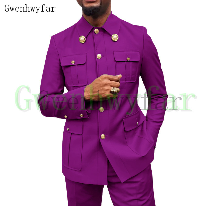 Gwenhwyfar Army Green Safari Férfi öltönyök Testre szabott blézerek Nadrágok Normál üzleti kauzális buli Énekes vőlegény esküvői bál