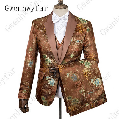 Gwenhwyfar férfi ruha virágmintás öltöny, rózsaszín, klasszikus, egygombos hornyolt hajtóka Elegáns báli parti szmoking (kabát+mellény+nadrág)