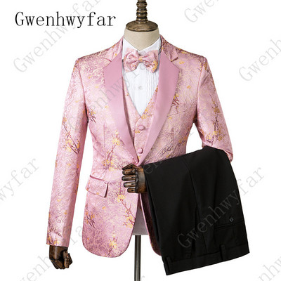 Gwenhwyfar férfi ruha virágmintás öltöny, rózsaszín, klasszikus, egygombos hornyolt hajtóka Elegáns báli parti szmoking (kabát+mellény+nadrág)