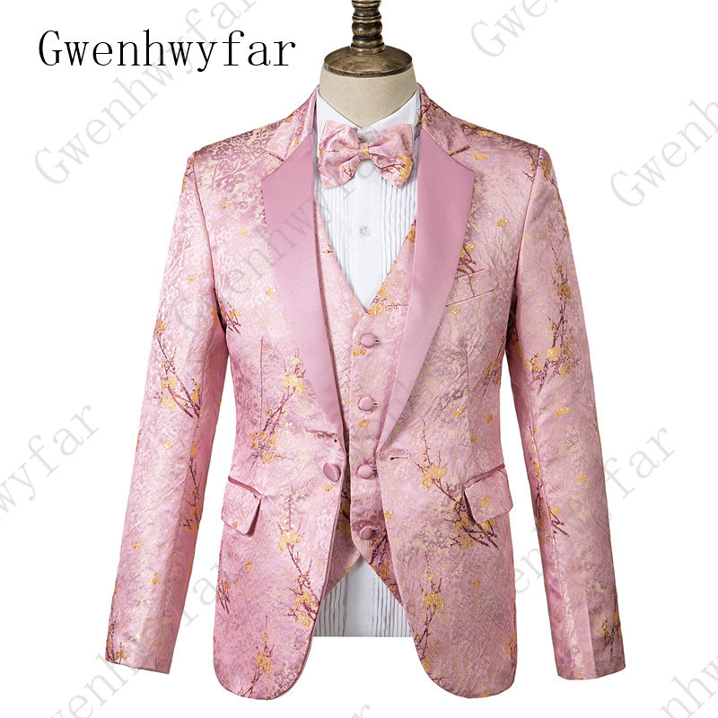 Gwenhwyfar férfi ruha virágmintás öltöny, rózsaszín, klasszikus, egygombos hornyolt hajtóka Elegáns báli parti szmoking (kabát+mellény+nadrág)