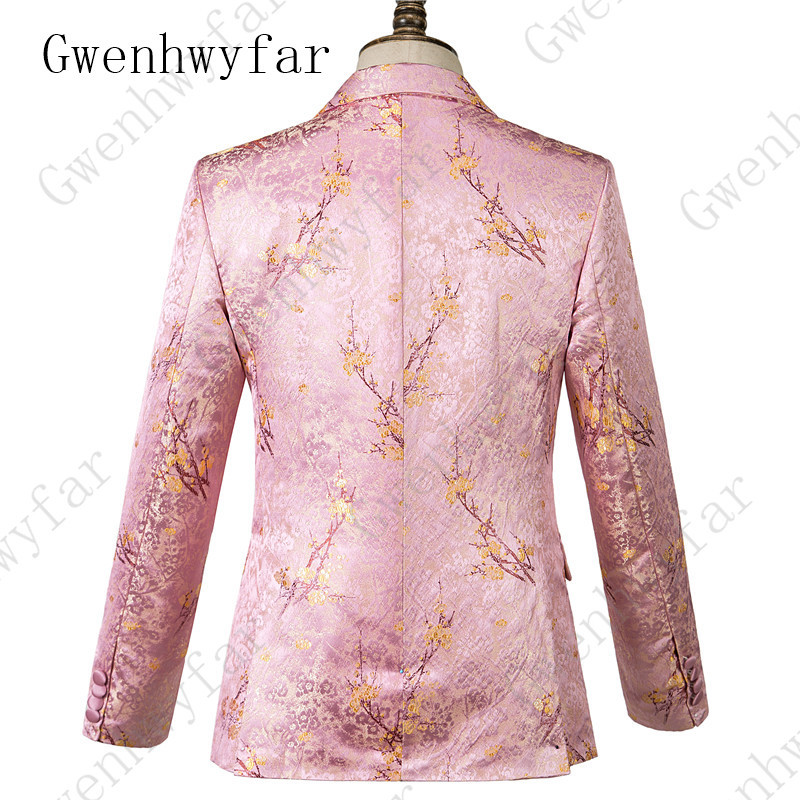 Gwenhwyfar férfi ruha virágmintás öltöny, rózsaszín, klasszikus, egygombos hornyolt hajtóka Elegáns báli parti szmoking (kabát+mellény+nadrág)