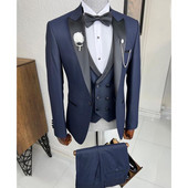 Sötétkék vőlegény esküvői szmoking vőfély vőfély, legjobb férfi, karcsú szabású öltöny, 3 részes hivatalos üzleti jelmez, kabát mellény nadrággal