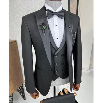 Sötétkék vőlegény esküvői szmoking vőfély vőfély, legjobb férfi, karcsú szabású öltöny, 3 részes hivatalos üzleti jelmez, kabát mellény nadrággal