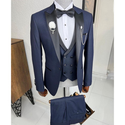 Sötétkék vőlegény esküvői szmoking vőfély vőfély, legjobb férfi, karcsú szabású öltöny, 3 részes hivatalos üzleti jelmez, kabát mellény nadrággal