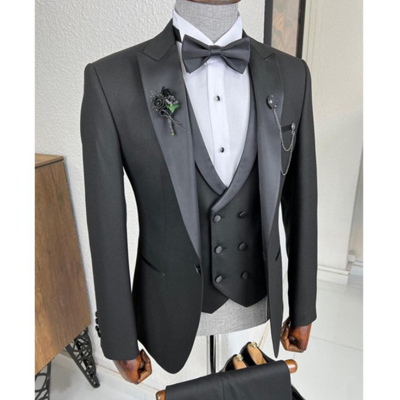 Sötétkék vőlegény esküvői szmoking vőfély vőfély, legjobb férfi, karcsú szabású öltöny, 3 részes hivatalos üzleti jelmez, kabát mellény nadrággal