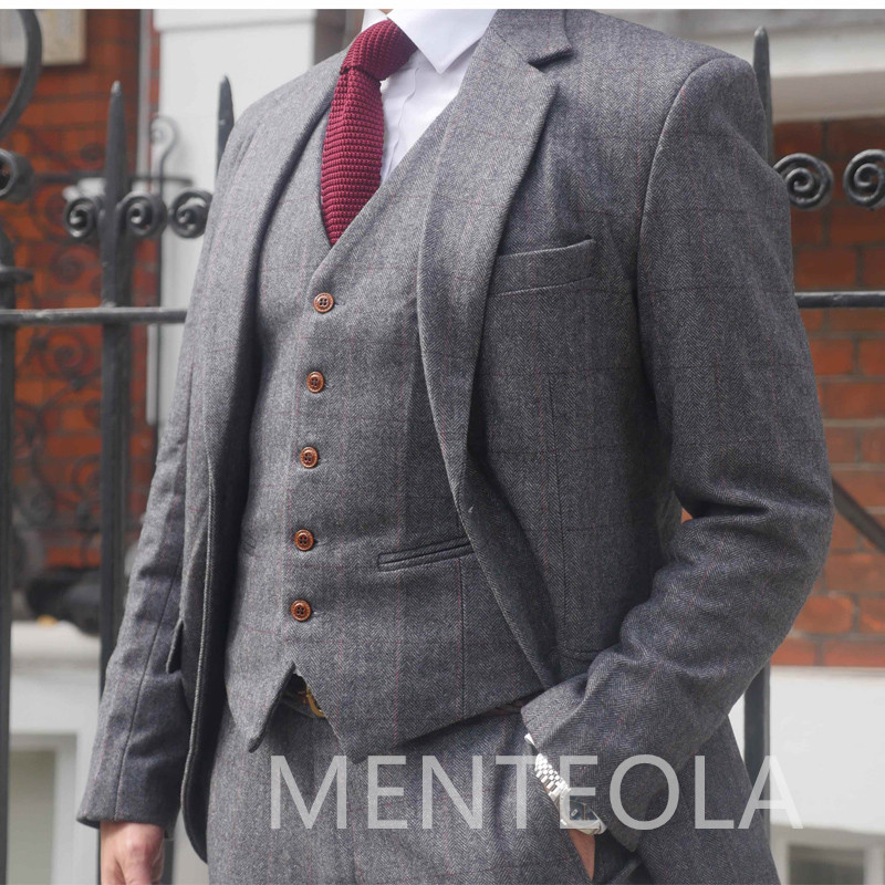 Costume pentru bărbați din lână tweed gri pentru iarnă 3 piese Formal nunta Mire Tuxedo Masculin Business Moda Costum Jachetă Vestă cu pantaloni