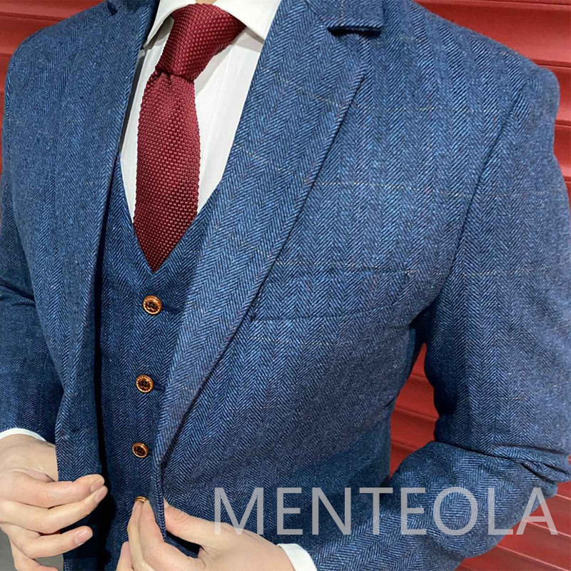 Costume de bărbați din lână din tweed în spina de pește pentru afaceri 3 piese formale nunta smoking mire rever crestat jachetă de modă masculină vestă pantaloni