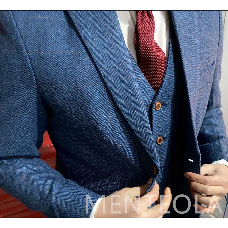 Costume de bărbați din lână din tweed în spina de pește pentru afaceri 3 piese formale nunta smoking mire rever crestat jachetă de modă masculină vestă pantaloni