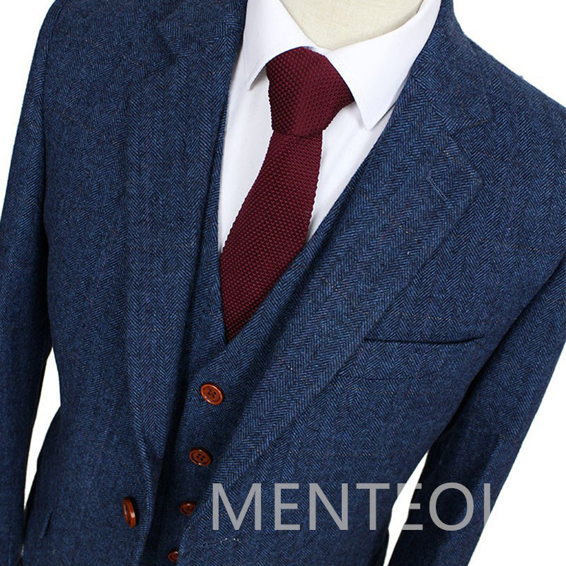 Costume de bărbați din lână din tweed în spina de pește pentru afaceri 3 piese formale nunta smoking mire rever crestat jachetă de modă masculină vestă pantaloni