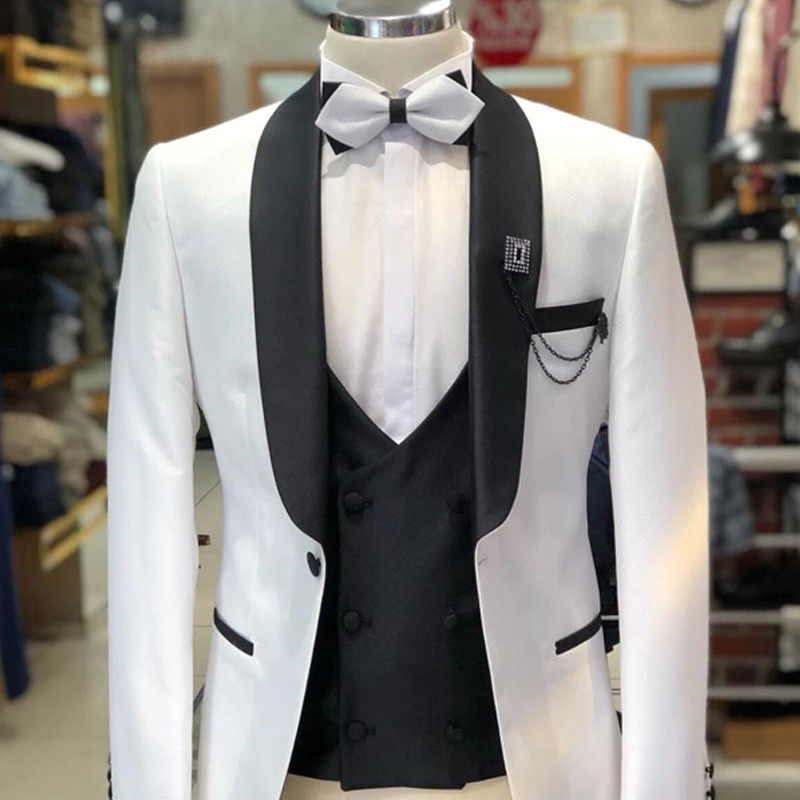 3 piese smoking de nuntă, alb, slim fit, costume pentru bărbați, jachetă cu pantaloni negri, vestă, la modă formală, ținute de toaletă 2022
