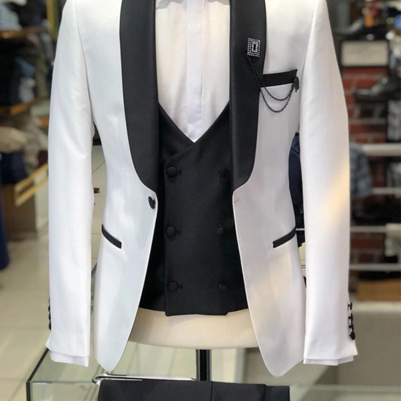 3 piese smoking de nuntă, alb, slim fit, costume pentru bărbați, jachetă cu pantaloni negri, vestă, la modă formală, ținute de toaletă 2022