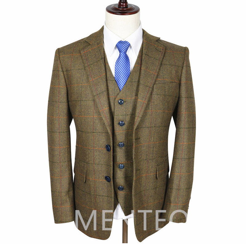 Costume de bărbați din lână tweed maro pentru afaceri iarna vintage cu rever crestat Jachetă 3 piese cu vestă pantaloni stil britanic