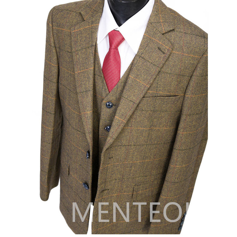 Costume de bărbați din lână tweed maro pentru afaceri iarna vintage cu rever crestat Jachetă 3 piese cu vestă pantaloni stil britanic