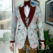 Costume pentru bărbați din jacquard cu flori slim Fit pentru bal de absolvire din catifea cu rever cu vârf de nuntă Tuxedo de mire Blazer 3 piese cu pantaloni vest 2023