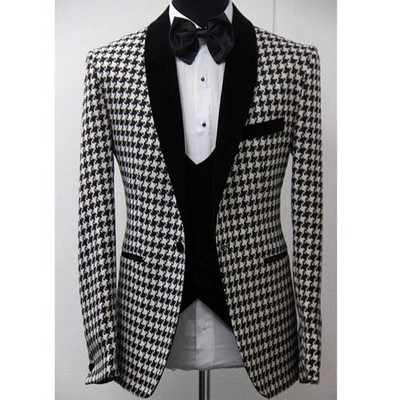 Costume de nuntă în carouri din picioare de hound pentru bărbați, smoking, smoking, set de 3 piese pentru bărbați, vestă, vestă, pantaloni negri, costum de modă