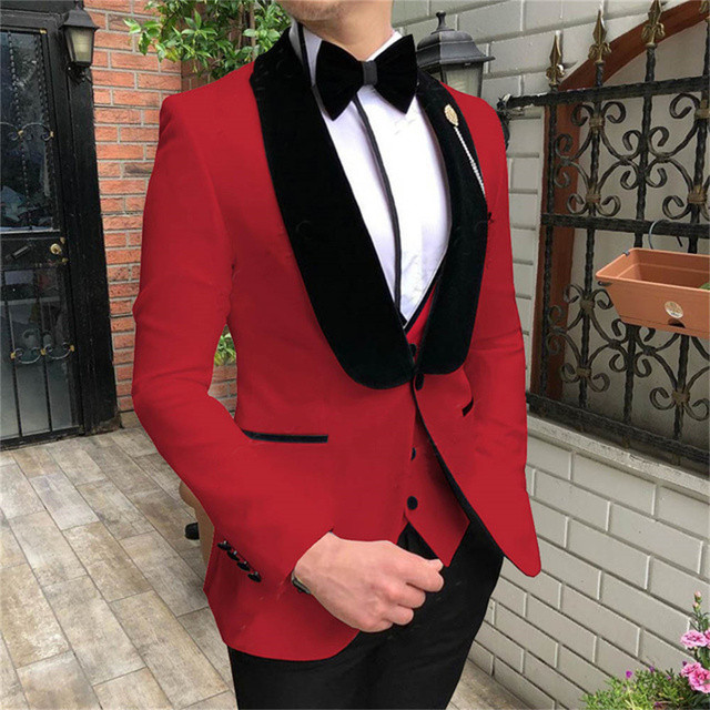 Costume pentru bărbați slim fit cu rever negru cu șal șal, smoking de mire, pentru bărbați, blazer de bal, 3 buc (sacou+pantaloni+ vestă)