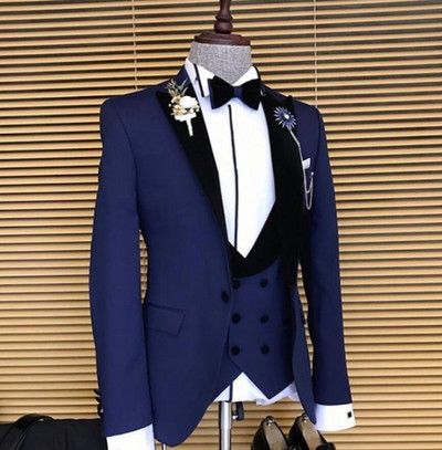 Costume de nuntă albastre pentru bărbați Slim Fit Tuxedo 3 piese Jachetă de modă pentru bărbați cu pantaloni negri Vestă dublu stil nou
