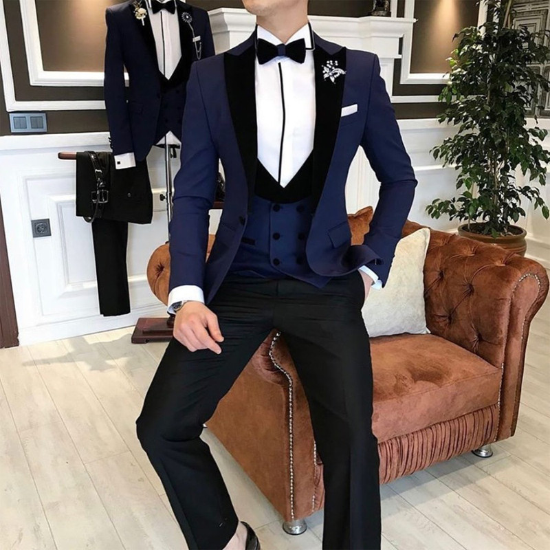 Costume de nuntă albastre pentru bărbați Slim Fit Tuxedo 3 piese Jachetă de modă pentru bărbați cu pantaloni negri Vestă dublu stil nou