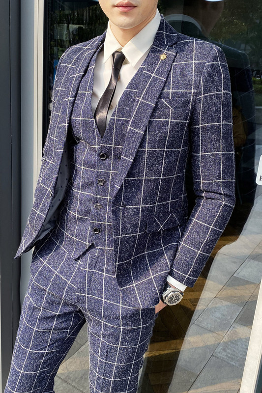 Costum în carouri pentru bărbați Blazere Pantaloni vestă 3 piese haine de birou pentru bărbați Costum de nuntă de petrecere Slim Button Tuxedo Asiatic