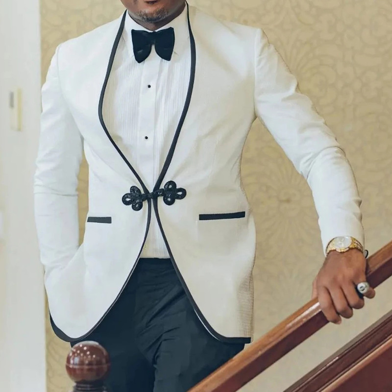 Tuxedo alb de nuntă formal pentru mire, fără guler, costume slim pentru bărbați, 2 piese personalizate, jachetă de modă masculină, pantaloni 2022