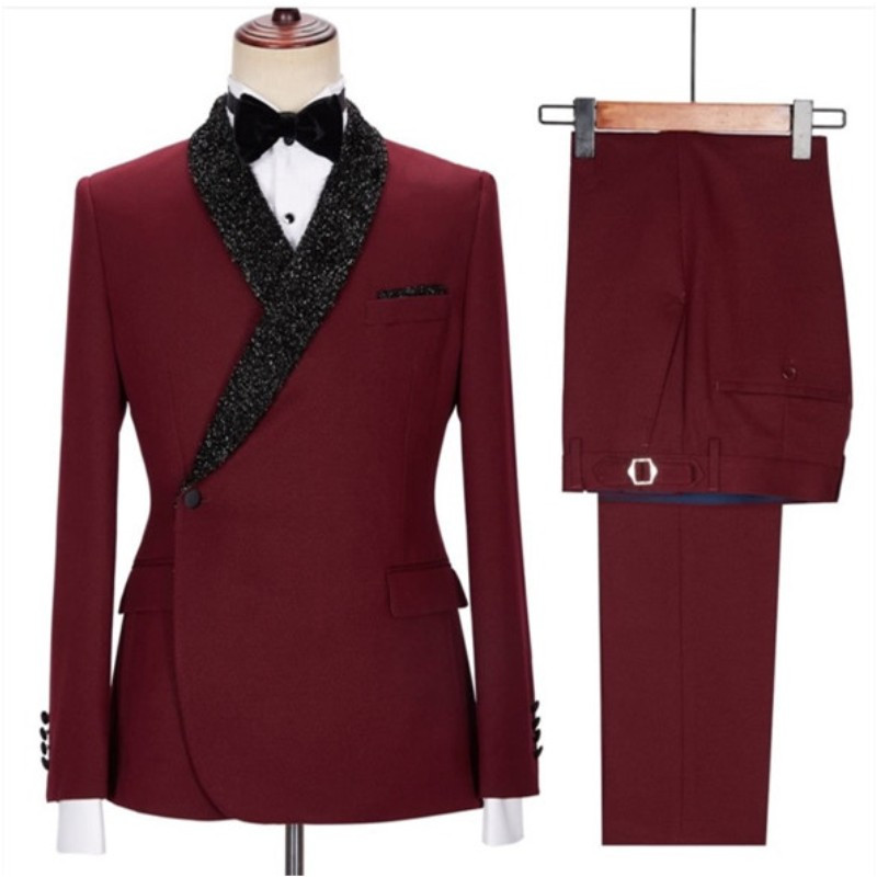 Costume formale pentru bărbați din 2 piese cu rever cu șal negru strălucitor, smoking de nuntă, mire, slim fit (jachetă + pantaloni)