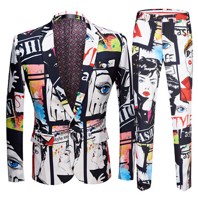 Imprimeu de modă pentru bărbați, set de 2 bucăți, ocazional, plus, șold, fierbinte, pentru bărbați, slim fit, costume pentru cântăreț, costum de nuntă, club pentru petrecere, jachetă, pantaloni