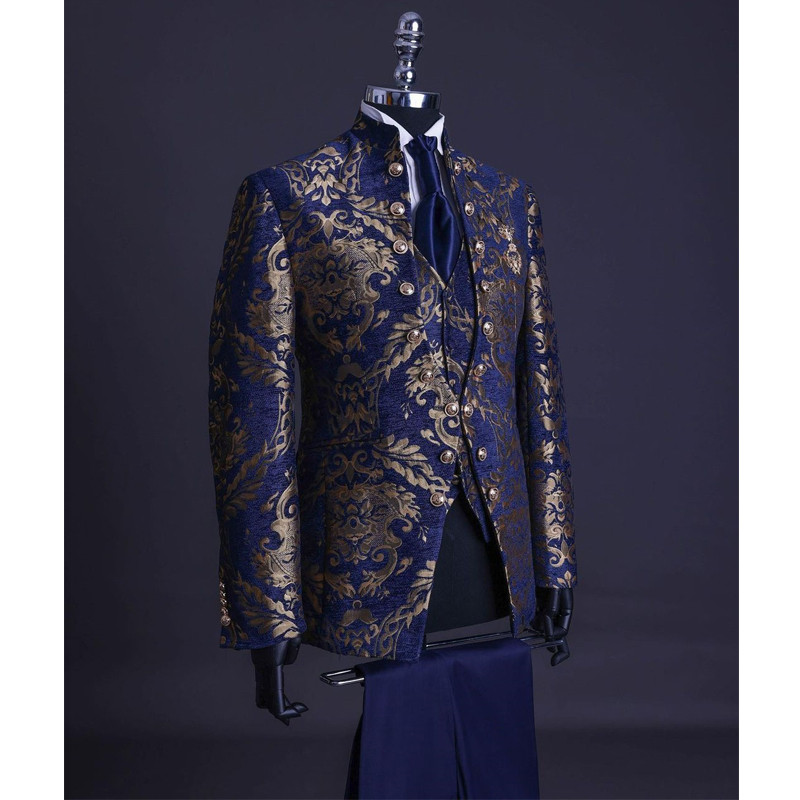 Costume pentru bărbați jacquard cu flori pentru nuntă Tuxedo de mire la dublu piept cu guler vertical Rochii italiene de ocazie formală 3 piese