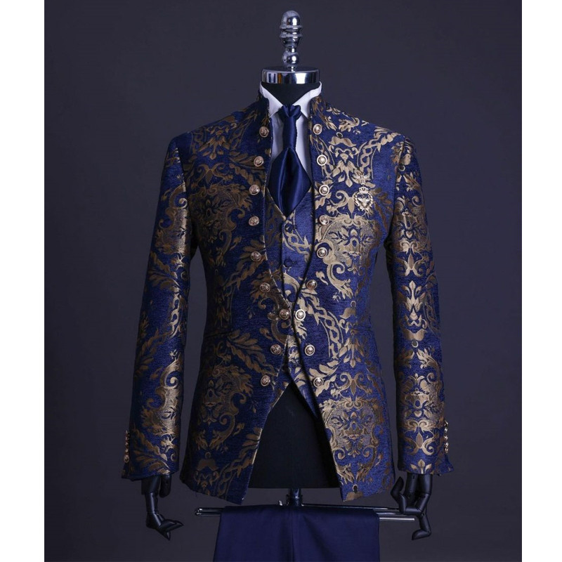 Costume pentru bărbați jacquard cu flori pentru nuntă Tuxedo de mire la dublu piept cu guler vertical Rochii italiene de ocazie formală 3 piese