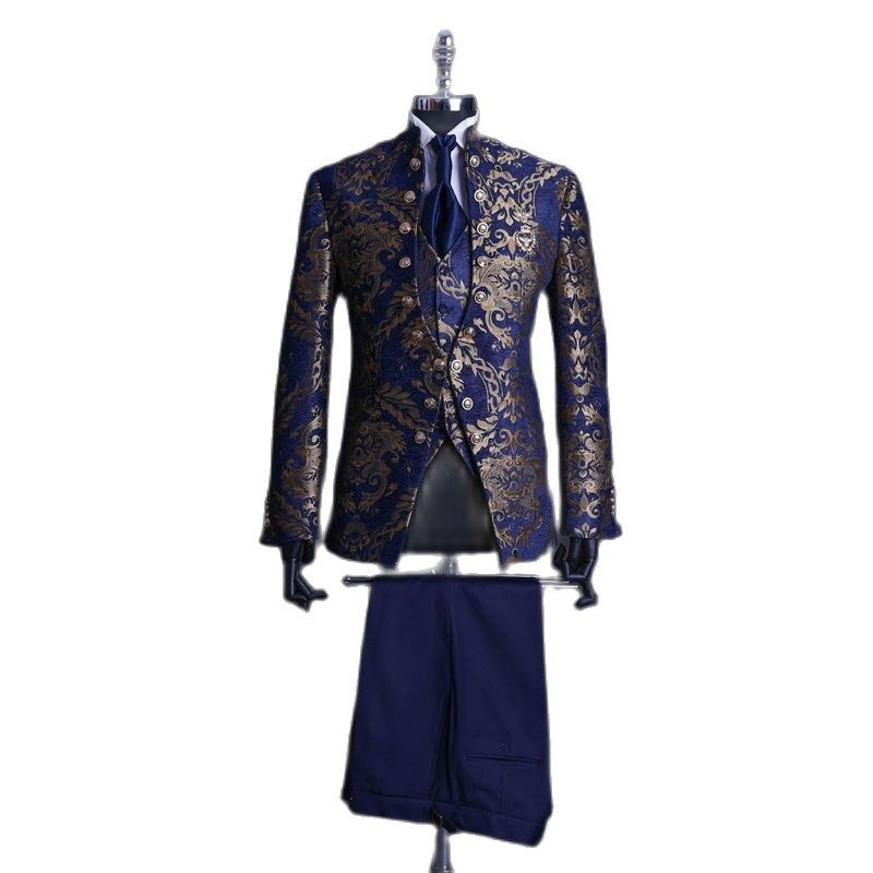 Costume pentru bărbați jacquard cu flori pentru nuntă Tuxedo de mire la dublu piept cu guler vertical Rochii italiene de ocazie formală 3 piese